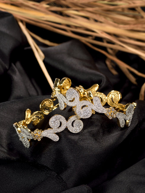 Set Of 2 Dua Toned Gold Plated Whitee AD Studded Handcrafted Leafy Design Bangles