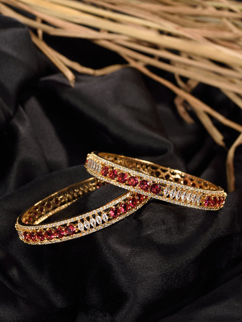 Set Of 2 Red Gold Plated Handmade Red &White AD Studded Bridal Kangan Bangles
