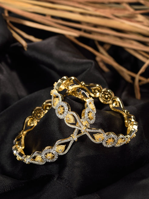 Set Of 2 Dua Toned Gold Plated Whitee AD Studded Handcrafted Leafy Design Bangles