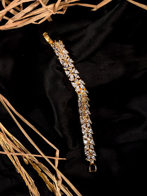 Rose Gold Plated Leaf Design White AD studded Designer Tennis Bracelet For Her