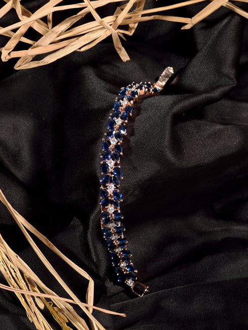 Rose Gold Plated Leaf Design Blue AD studded Designer Tennis Bracelet