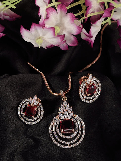Rose Gold Plated Pink Ruby Studded Circle Pendant Locket Set Earrings and Chain