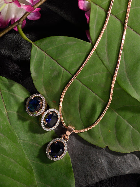 Rose Gold Plated Blue AD Solitaire pendant Locket Set Earrings and Chain