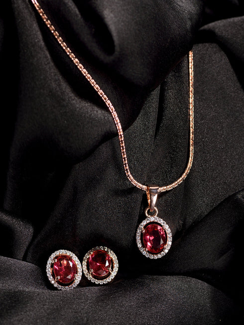 Rose Gold Plated Radiant Red AD Solitaire pendant Locket Set Earrings and Chain