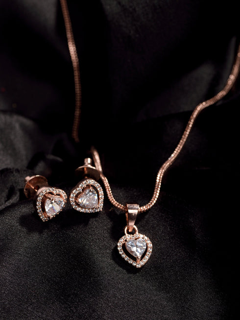 Rose Gold Plated White AD Studded Heart Shaped Pendant Chain and Earrings