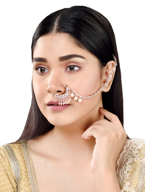 Rose Gold plated AD & Pearl studded Handcrafted Nose Ring