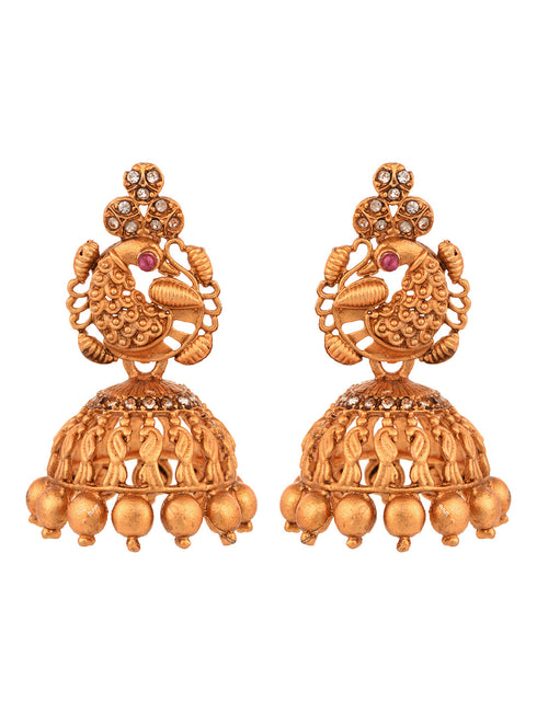 Gold Plated stone studded Peacock Temple Jewellery Set Jhumki Earrings