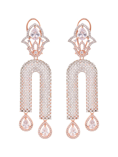 Rose Gold Plated White AD stdded Long Designer Dropdown Earrings