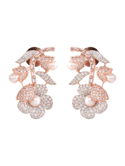 Rose Gold Plated white AD and Pearl studded Flower Stud Handcrafted Earrings