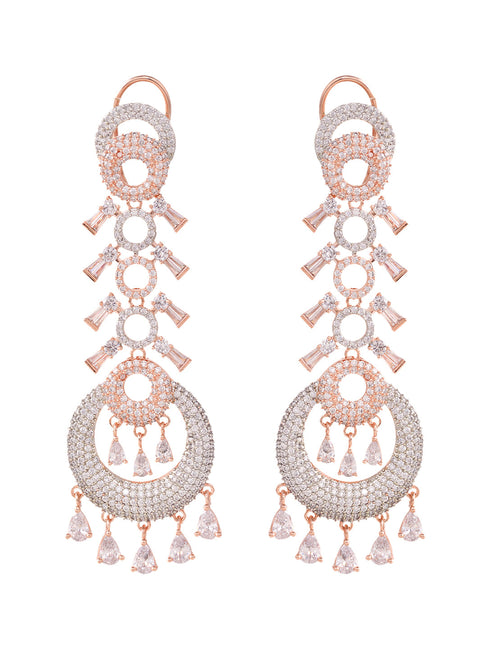 Rose Gold Plated White AD studded Circular Chandelier Dropdown Handcrafted Earrings