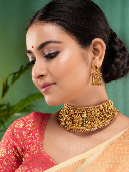 GoldPlated Green AD Studded Radha Krishna Temple Jewellery Set