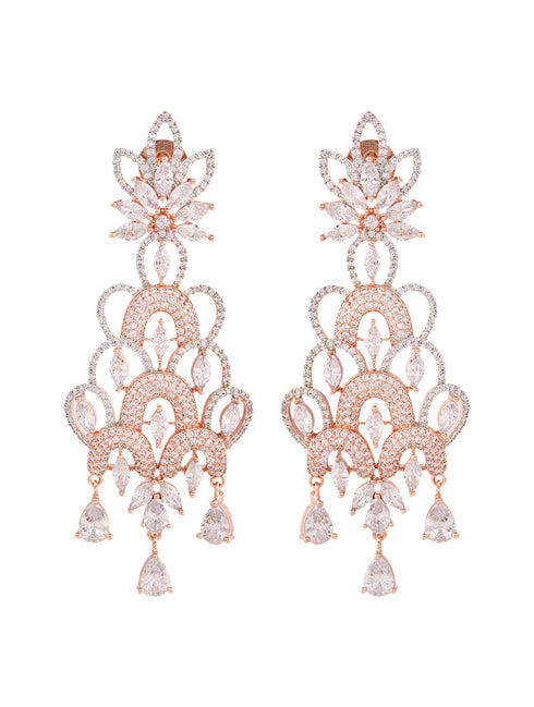 Rose Gold Plated White AD Studded Floral Chandelier Dropdown Handcrafted Earrings