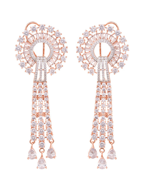 Rose Gold plated White AD studded Knotted Long Dropdown Handcrafted Earrings