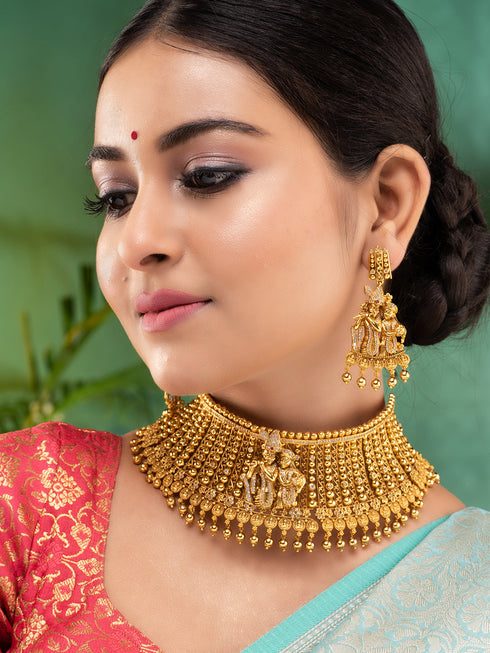 GoldPlated White AD Embellished Temple Radhe Krishna Choker Jewellery Set