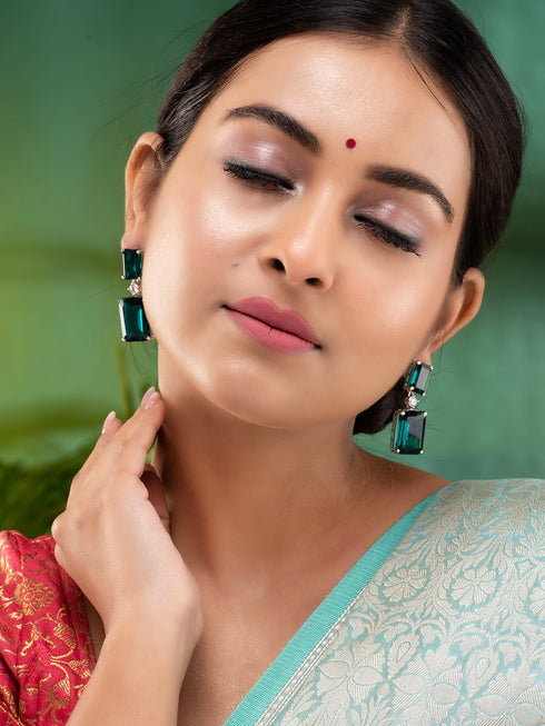 SilverPlated Green Square Drop Earrings