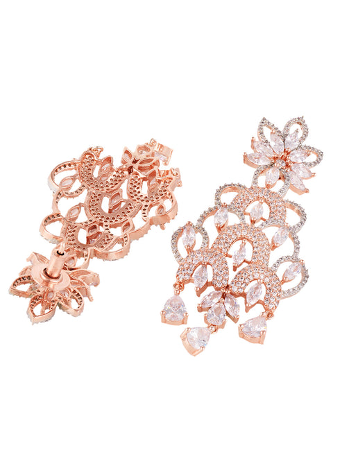 Rose Gold Plated White AD Studded Floral Chandelier Dropdown Handcrafted Earrings