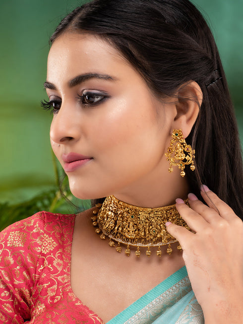 GoldPlated Green AD Embellished Shri Lakshmi Temple Choker Jewellery Set