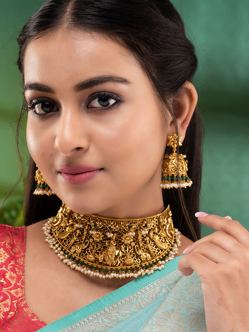 GoldPlated AD Embellished Enchanting Krishna Temple Choker Jewellery Set