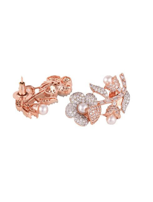 Rose Gold Plated white AD and Pearl studded Flower Stud Handcrafted Earrings