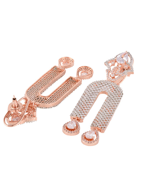 Rose Gold Plated White AD stdded Long Designer Dropdown Earrings
