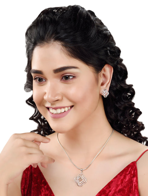 White Rhodium AD studded Floral design Pendant Earrings set chain