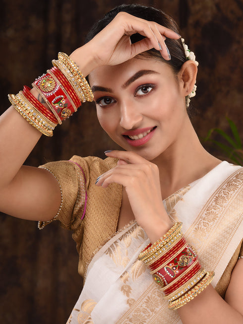 Gold Plated Set Of 2 Matching Red Bangles Kundan Studded Bridal Chuda