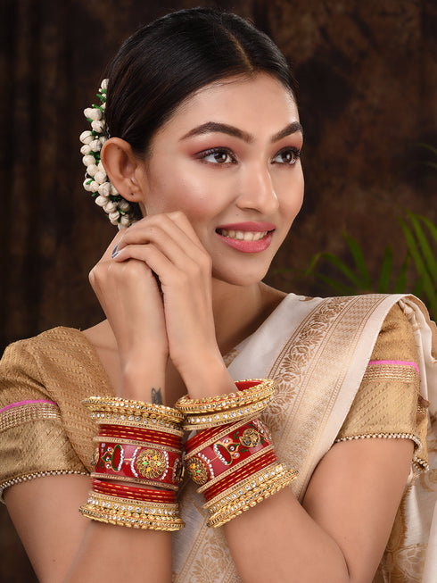 Gold Plated Set Of 2 Matching Red Bangles Kundan Studded Bridal Chuda