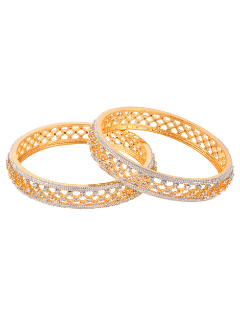 A pair of 2 Gold Dual Toned AD Studded hand Crafted Textuerd Bangles