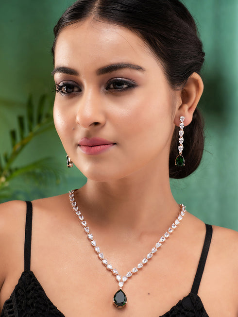 Rose Gold Toned Emerald Green AD Studded Designer Pendant Jewellery Set