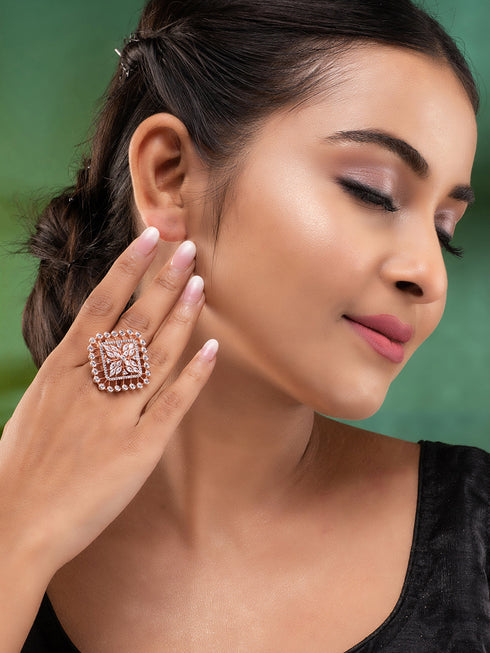 Rose GoldPlated White ADStudded Adjustable Finger Ring