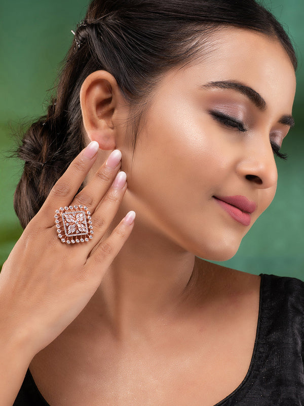 Rose GoldPlated White ADStudded Adjustable Finger Ring