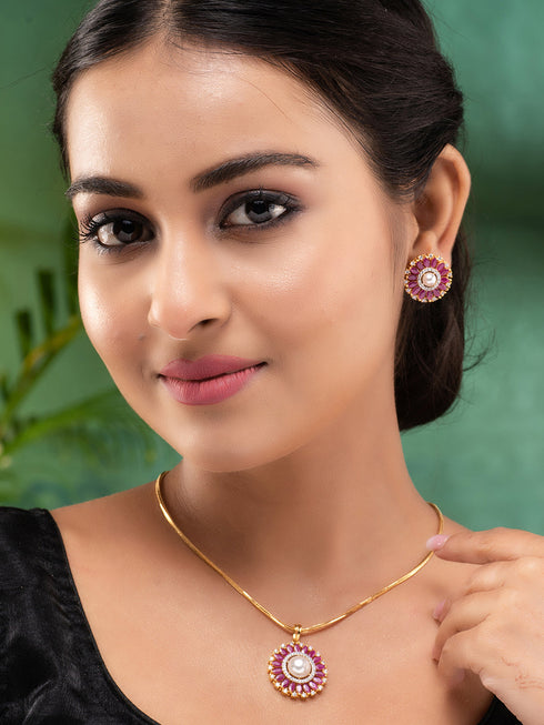 Women Pink & White Gold Plated AD & Pearl Studded Jewellery Set