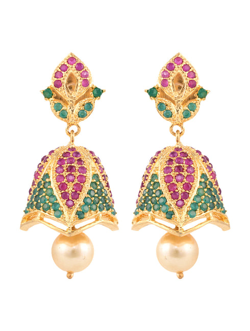 Gold Plated Multi AD and Pearl studded Handcrafted Jhumka Earrings