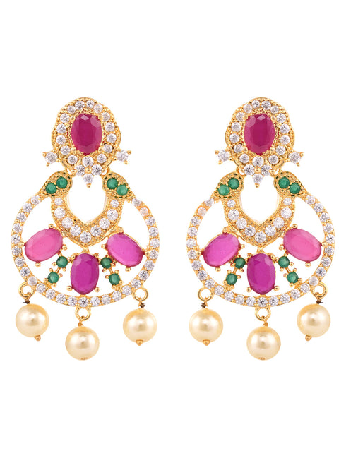 Gold Plated Multi AD and Pearl studded Chandbali shaped Handcrafted Earrings