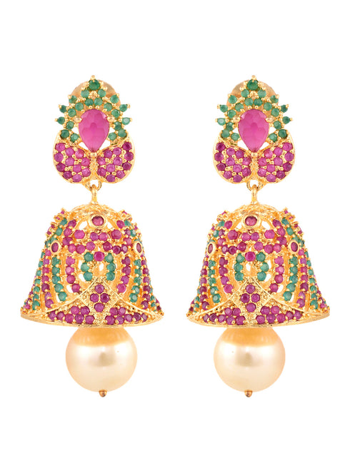 Gold Plated Multi AD and Pearl studded Jhumka Handcrafted Earrings