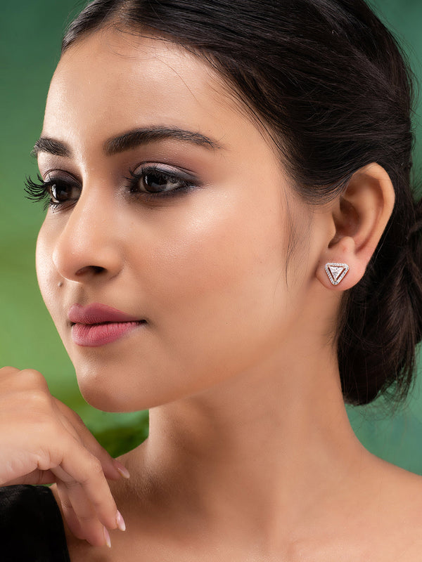 Rose Gold Plated White AD Studded Triangular Studs Earrings