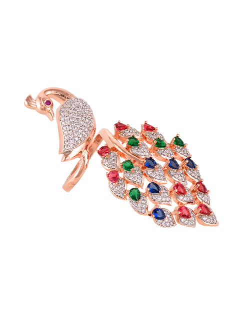Rose Gold Plated Multi AD studded Peacock Handcrafted Finger Ring
