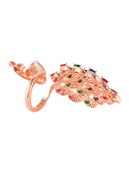 Rose Gold Plated Multi AD studded Peacock Handcrafted Finger Ring