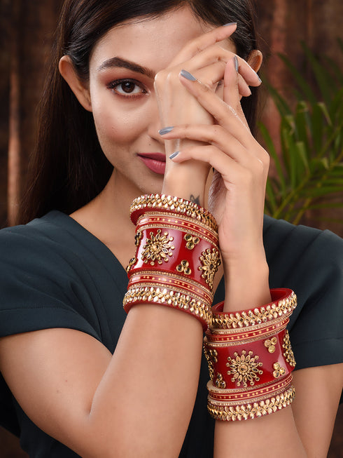Gold Plated Set Of 2 Matching Red Bangles Set Bridal Wedding Chuda