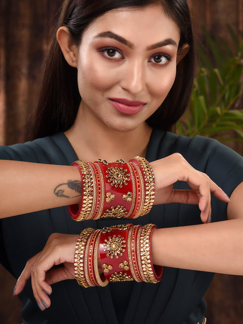 Gold Plated Set Of 2 Matching Red Bangles Set Bridal Wedding Chuda