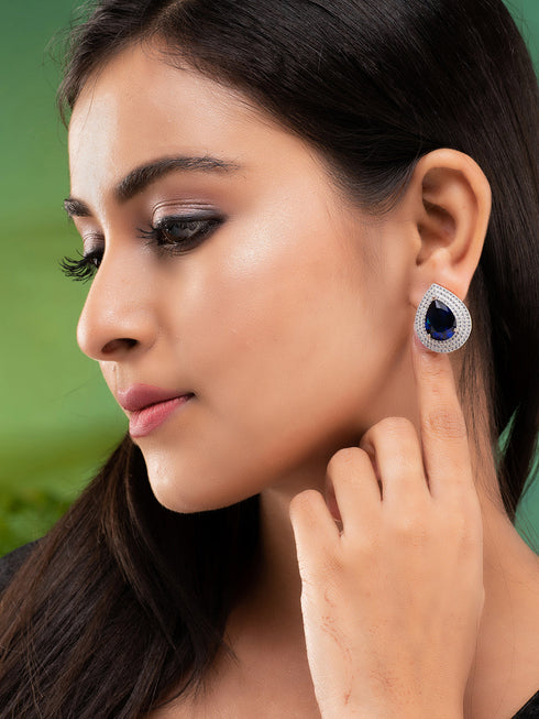 Women Blue & White Rose GoldPlated Teardrop Shaped Studs Earrings