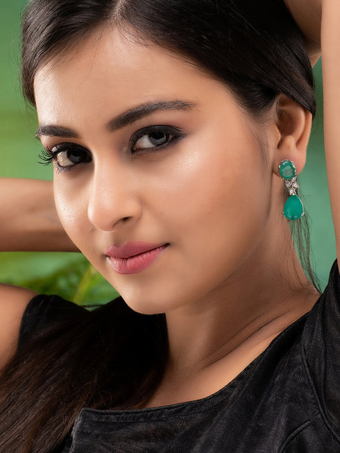 SilverPlated & Green AD Studded Drop Earrings