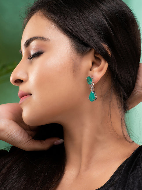 SilverPlated & Green AD Studded Drop Earrings