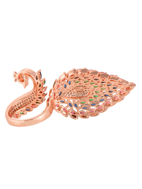 Rose Gold Plated Multi AD studded Peacock Designer Finger Ring