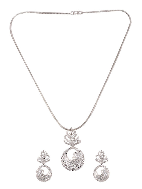 White Rhodium plated AD studded Round Pendant Earrings set chain