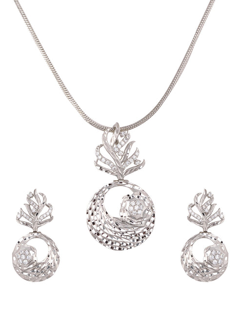 White Rhodium plated AD studded Round Pendant Earrings set chain