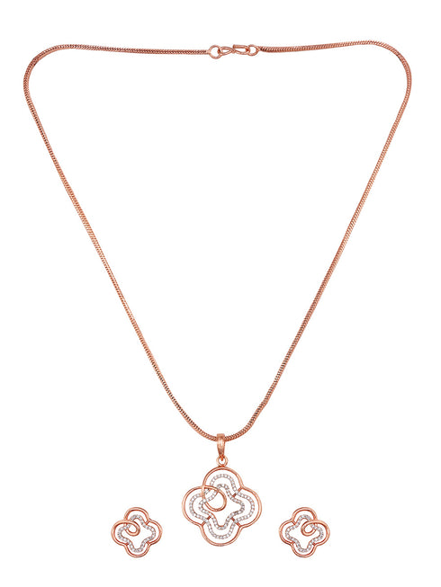 Rose Gold plated AD studded Floral design Pendant Earrings set chain