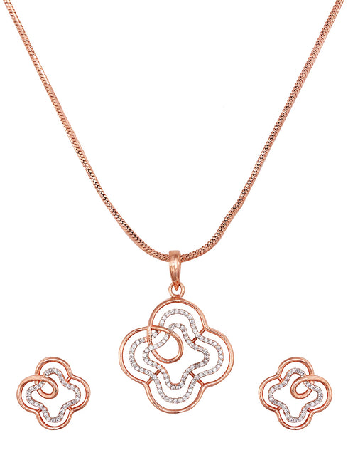 Rose Gold plated AD studded Floral design Pendant Earrings set chain