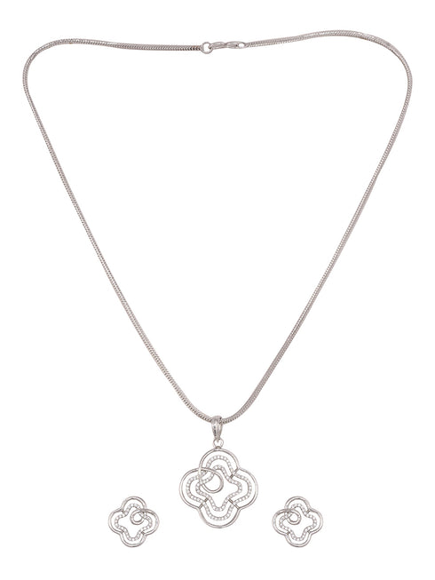 White Rhodium AD studded Floral design Pendant Earrings set chain