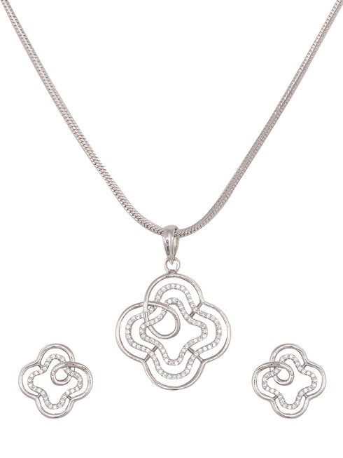 White Rhodium AD studded Floral design Pendant Earrings set chain